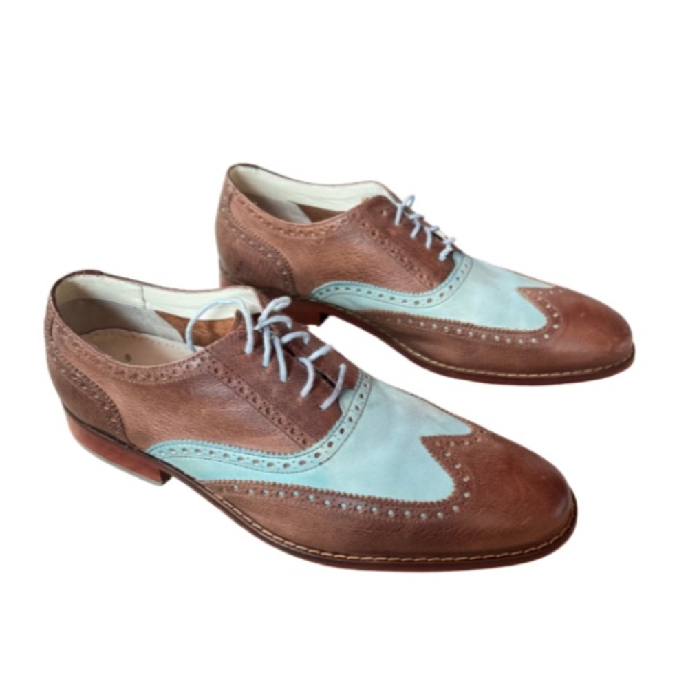 Cole Haan Colton Air Wingtip Spectator Shoe in Brown and Teal Leather Sz 11.5